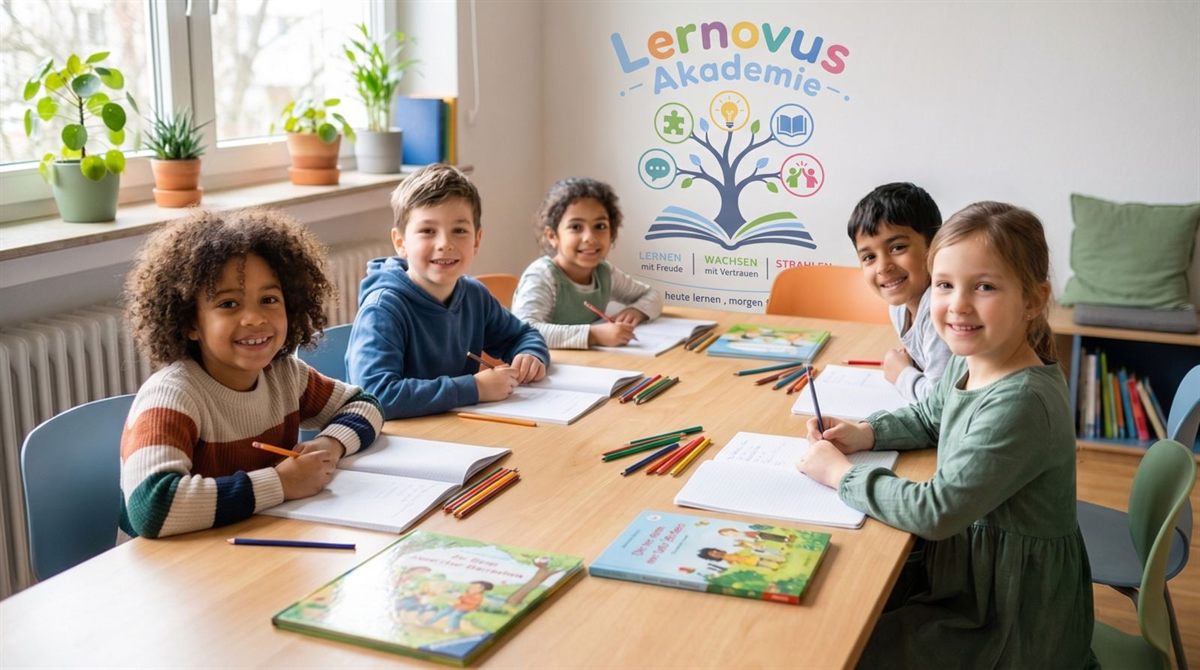 Grundschulkinder machen gemeinsam ihre Hausaufgaben an einem großen Tisch im Lerntreff der Lernovus Akademie